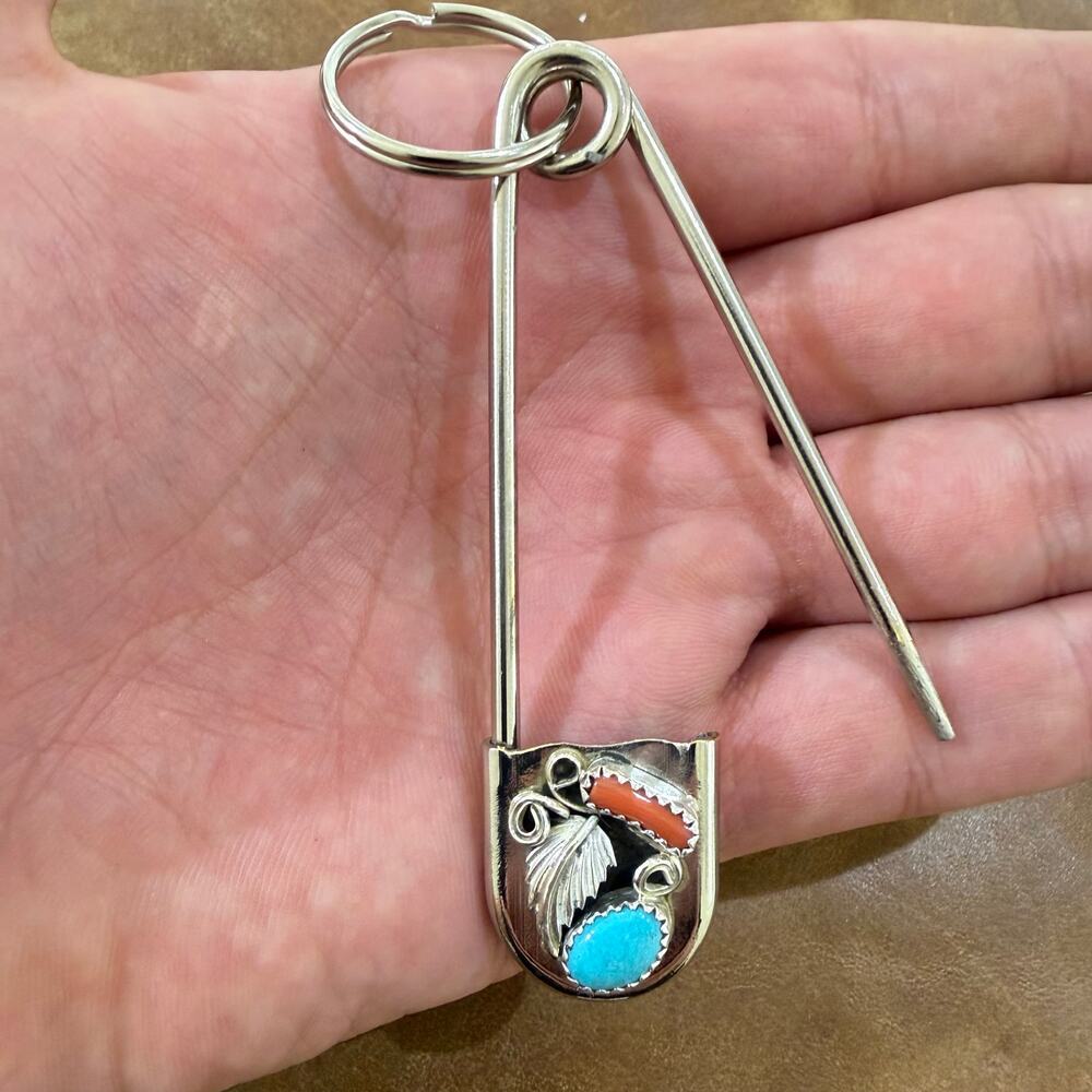 Native American Navajo Key Chain Safety Pin Sterling Silver Turquoise & Coral - Picture 7 of 7